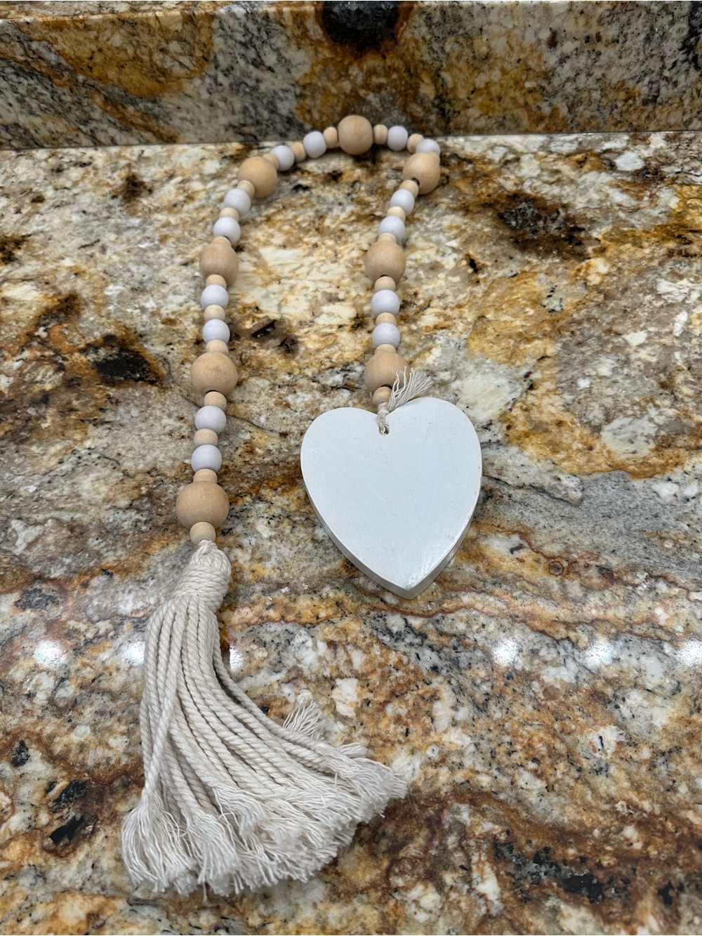 Wood Bead Heart Tassel Garland - White & Natural